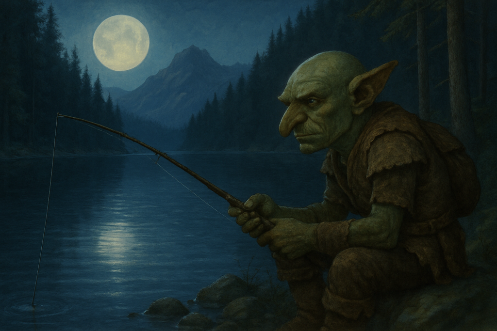Das Bild zeigt den Goblin Grubnak, wie er das Nachts bei Mondschein an einem Bergsee angelt