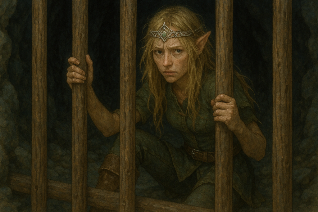 Das Bild zeigt eine Elfe, gefangen in einer Hhle hinter Holzgittern