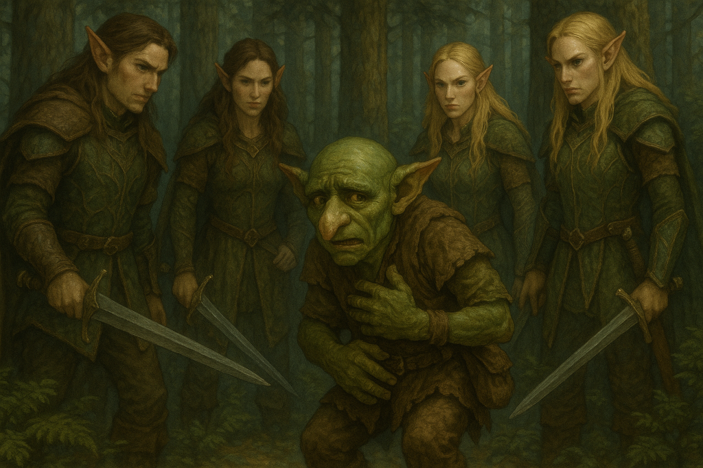 Das Bild zeigt den Goblin Grubnak, umzingelt von vier Elfen, die ihn mit Schwertern bedrohen