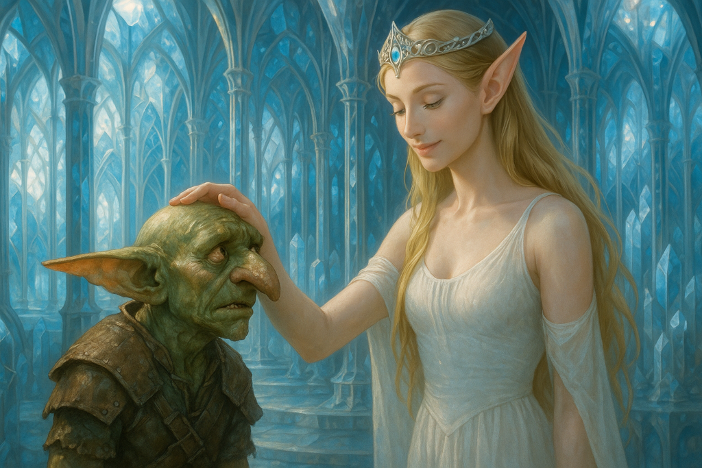 Das Bild zeigt den Goblin Grubnak und die Elfenprinzessin, die ihm eine Hand auf den Kopf legt und ihn anlchelt.